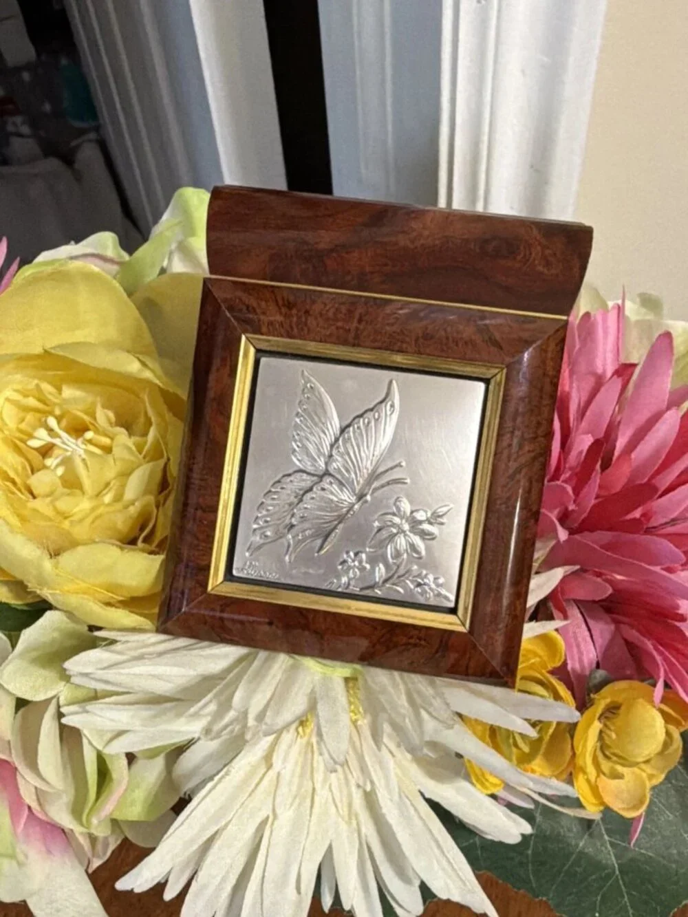 Alliani Handcrafted Solid Wood Box With .925 Sterling Silver Embossed Butterfly